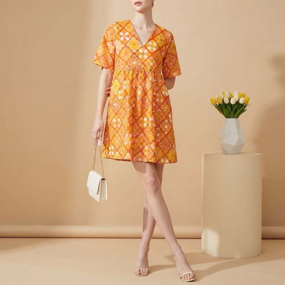 Lesley Evers Retro Floral Print V-Neck Babydoll Mini Dress